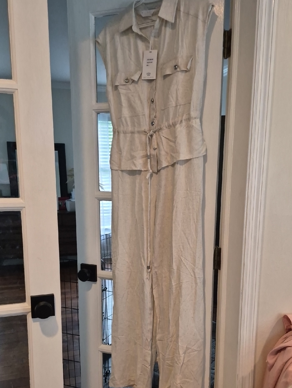 Sleeveless Utility Jumpsuit in Light Tan with Drawstring Waist NWT SIZE LARGE